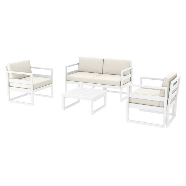 4 Piece White Outdoor Patio Lounge Set with Natural Sunbrella Cushion 54.5"