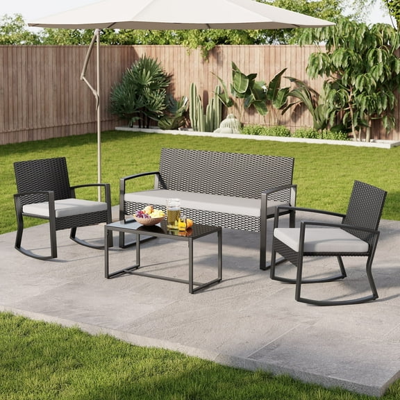 Noelse 4 Piece Patio Furniture Set, Outdoor Wicker Patio Furniture with Coffee Table and 2 Rocking Bistro Set for Backyard, Gray