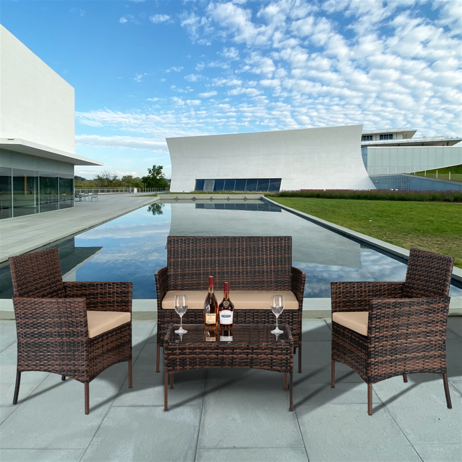 4 Piece Wicker Patio Conversation Furniture Set, Outdoor Rattan Chair and Table Set, Sectional Chair Set with Tea Table & Cushions, Bistro Set for Patio Backyard Porch Garden Poolside Balcony, B4512 - image 1 of 9