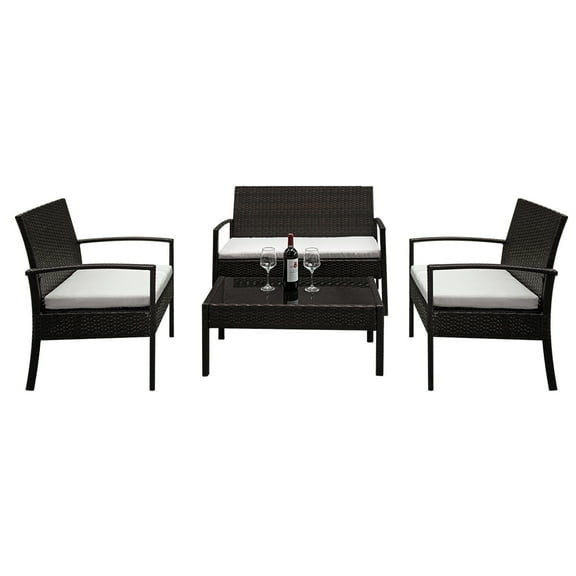 4-Piece Wicker Patio Conversation Furniture Set, Patio Furniture Sets Clearance with Two Single Sofa, One Loveseat, Tempered Glass Table, Chat Set for Backyard Porch Lawn Poolside Garden, Q14186