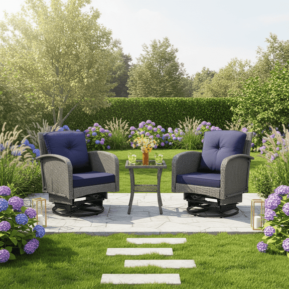 3 Pieces Patio Furniture Set, Swivel Rocking Wicker Chairs Set , Wicker Patio Bistro Set with Rattan Rocking Chair, Glass Top Side Table and Thickened Cushions for Porch Deck Backyard(Dark Blue)