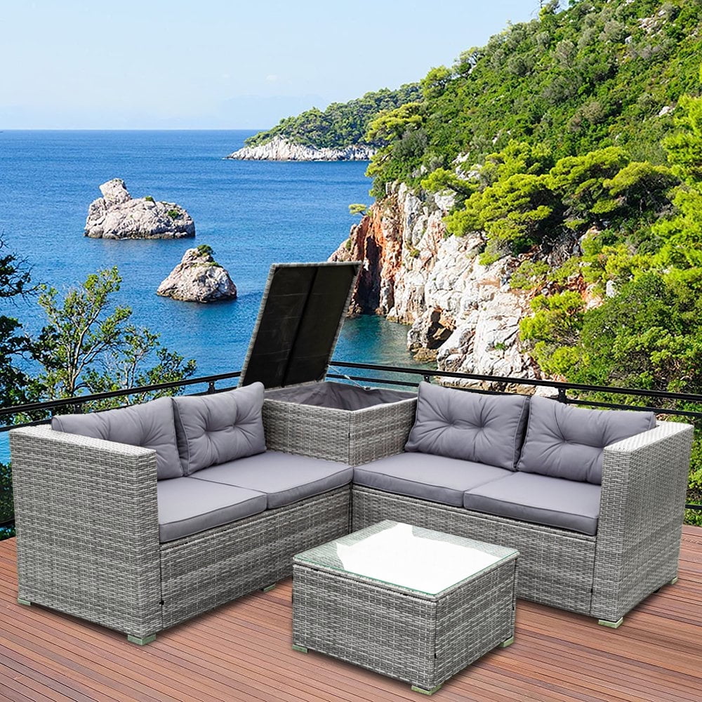 4 Piece Wicker Patio Sectional Sofa Set with Storage Ottoman All Weather Outdoor Conversation Set Dining Set with Gray Cushions and Table for Backyard Porch Garden Poolside L4538 Walmart