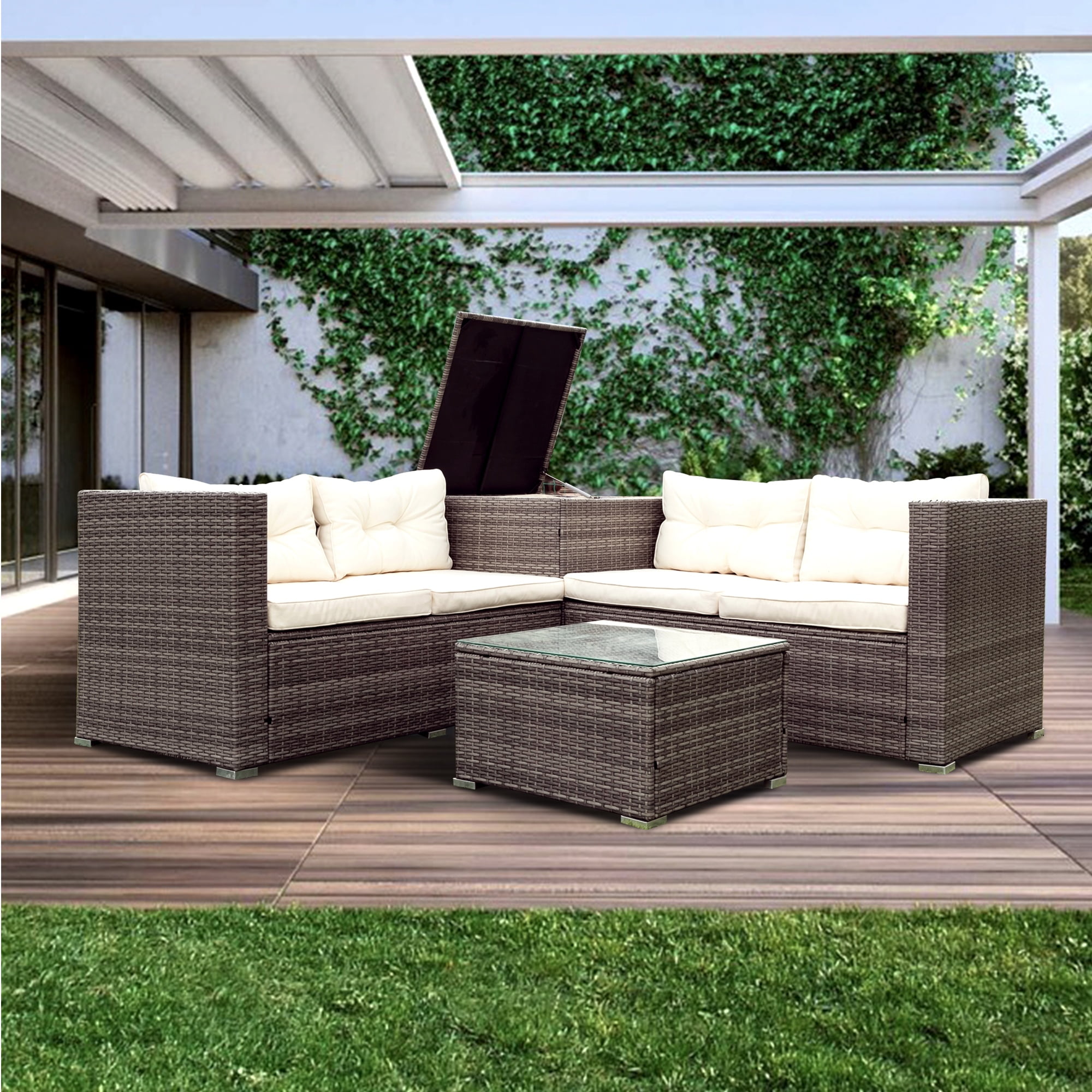 4 Piece Wicker Patio Sofa Set, PE Rattan Outdoor Sectional Sofa Set with Loveseat, Coffee Table and Storage Box, Outdoor Furniture Patio Conversation Sets for Garden Deck Porch Backyard, JA2349
