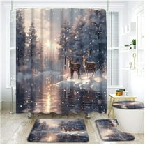 4 Piece Winter Forest Deer Shower Curtain Set with Rugs, Toilet Lid Cover ,Christmas Rustic Cabin Pine Tree Wildlife Animal Elk Nature River Snowflake Scenery Bathroom Shower Curtain with Hooks