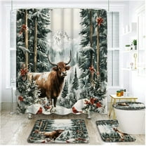 4 Piece Winter Forest Highland Cow Shower Curtain Set with Rugs, Toilet Lid Cover,Rustic Farmhouse Animal Xmas Red Bird Snow Scene Pine Tree Natural Scenery Bathroom Shower Curtain with Hooks