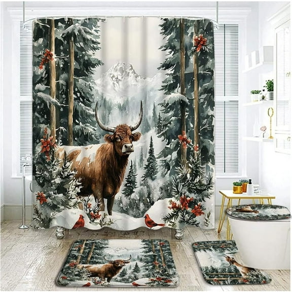 4 Piece Winter Forest Highland Cow Shower Curtain Set with Rugs, Toilet Lid Cover,Rustic Farmhouse Animal Xmas Red Bird Snow Scene Pine Tree Natural Scenery Bathroom Shower Curtain with Hooks