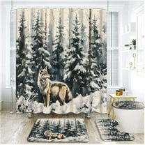 4 Piece Winter Forest Wolf Shower Curtain Set with Rugs, Toilet Lid Cover,Rustic Cabin Wild Animal Hunting Snow Woodland Christmas Bathroom Shower Curtain with Hooks