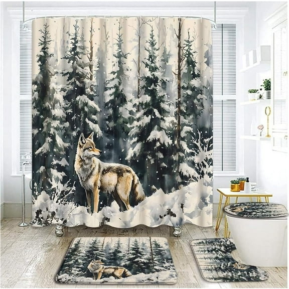 4 Piece Winter Forest Wolf Shower Curtain Set with Rugs, Toilet Lid Cover,Rustic Cabin Wild Animal Hunting Snow Woodland Christmas Bathroom Shower Curtain with Hooks