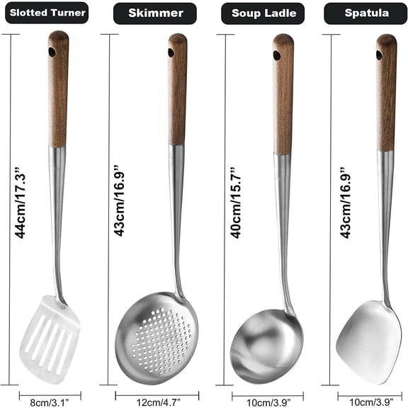 4-Piece Wok Utensil Set with Rosewood Handles, 17 Inch Extra Long Stainless Steel Kitchen Tools for Deep Frying and Stir Fry