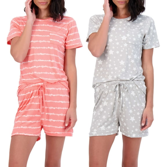 Real Essentials 2 Pack: Ultra Soft Women’s Pajama Set Short Sleeve and Shorts Lounge & Sleepwear (Available In Plus)