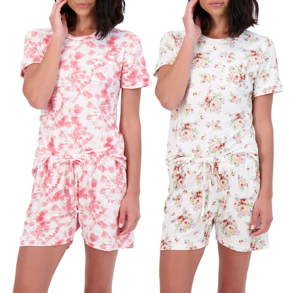 Real Essentials 2 Pack: Ultra Soft Women’s Pajama Set Short Sleeve and Shorts Lounge & Sleepwear (Available In Plus)