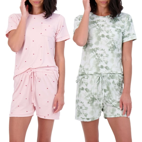 Real Essentials 2 Pack: Ultra Soft Women’s Pajama Set Short Sleeve and Shorts Lounge & Sleepwear (Available In Plus)
