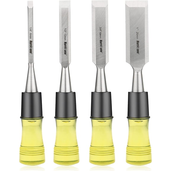 4 Piece Wood Chisel Set for Woodworking. CR-V Steel Beveled Edge Blades with Safety Caps. Extra Large Grip, Impact-Resistant PVC Handle Chisels (1/4", 1/2", 3/4", 1")