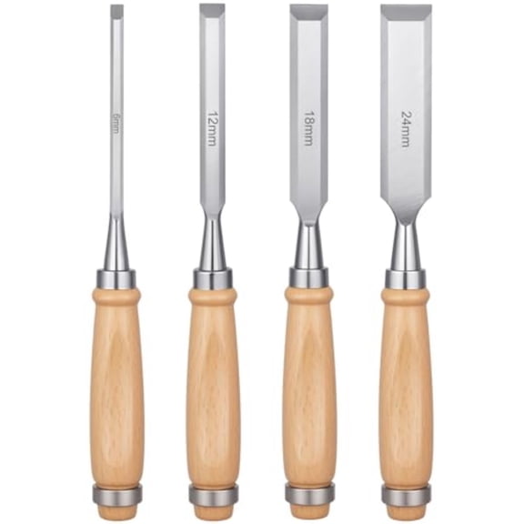 4 Piece Wood Chisel Set with Wooden Handles  Bevel Edge Woodworking Tools for Carving, Shaping and DIY Carpentry Projects