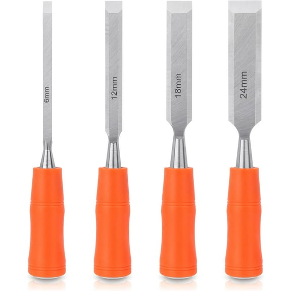 4 Piece Wood Chisel Sets Woodworking Tools Set, Wood Chisels for Woodworking with Steel Hammer End, Wood Tools Chisel Set Woodworking with Ergonomic Plastic Handle, 6mm, 12mm, 18mm, 24mm