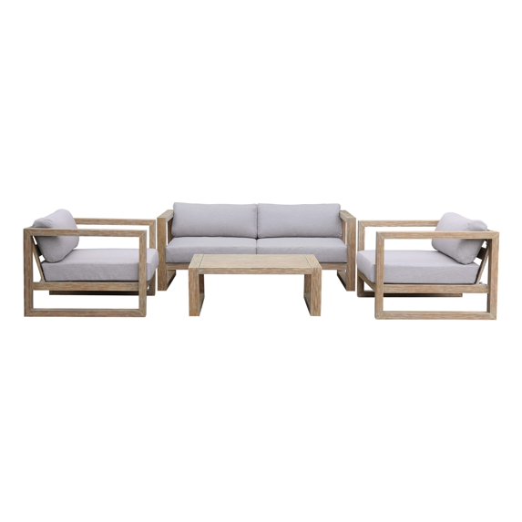 4 Piece Wood and Rope Outdoor Sofa Set, Brown and Gray