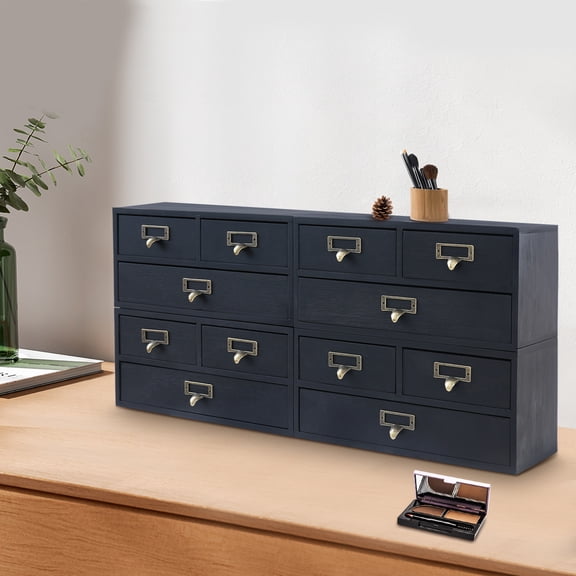 4-Piece Wooden Desktop Organizer Set, 12-Drawer Black Pine Wood Storage Drawers for Tabletop, Stackable Desk Organizer for Cosmetics Jewelry Office Supplies, Metal Handles