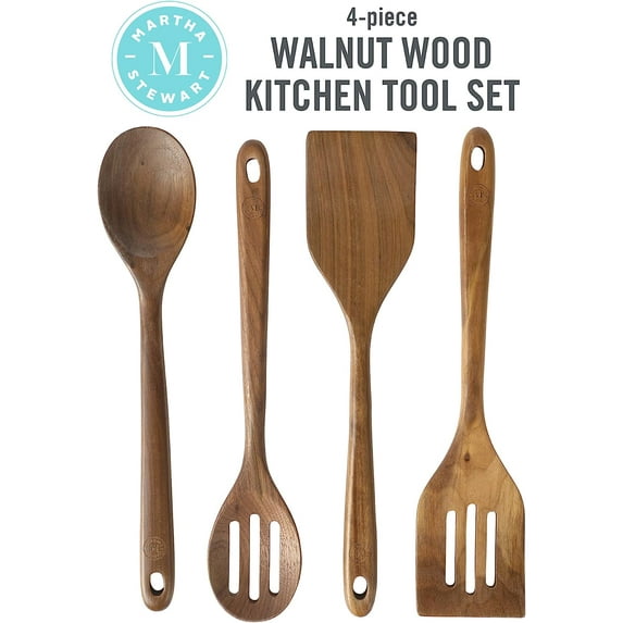 4 Piece Wooden Kitchen Utensil Set, Walnut – Cooking Spoons and Turner Tools for Nonstick Cookware, Heat Resistant, Durable Hardwood