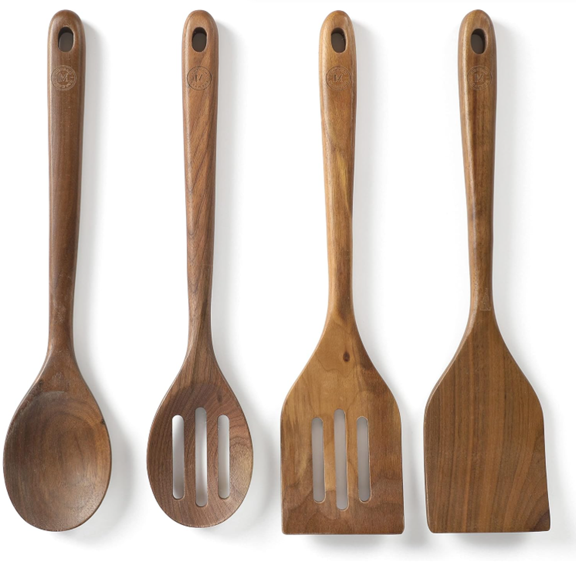 4 Piece Wooden Kitchen Utensil Set, Walnut Cooking Spoons and Turner Tools for Nonstick Cookware, Heat Resistant, Durable Hardwood
