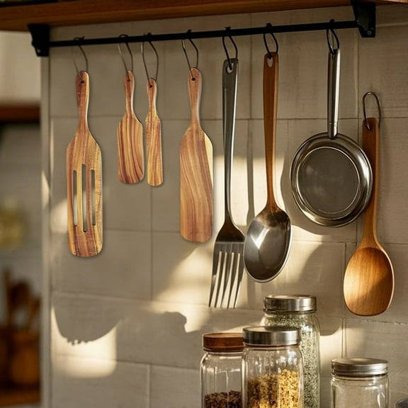 4 Piece Wooden Kitchen Utensil Set Cooking Tools with Spoon Turner and Practical Holder for Home Chefs 4PCS