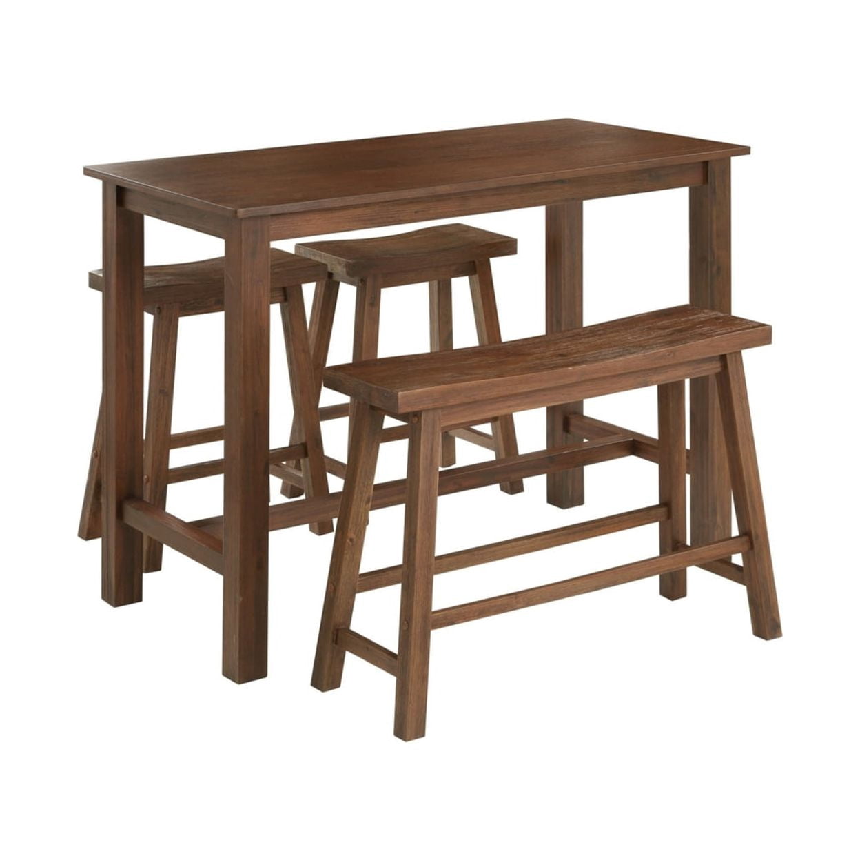 4 Piece Wooden Pub Table with Saddle Stools and Bench Chestnut Brown ...
