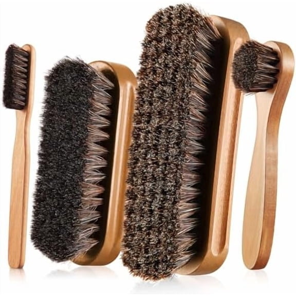 4-Piece Wooden Style A Horsehair Shoe Shine Brush Kit, Leather Shoe & Boot Care Set with Polish Daubers, Suede Cleaner Brush & Microfiber Cloth