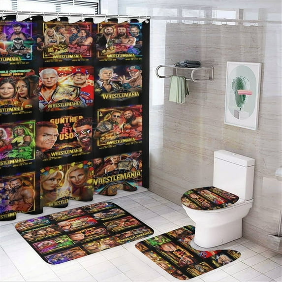 4 Piece Wres-Tler W-W,E Shower Curtain Sets with Rugs, Toilet Lid Cover, Bath Mat and 12 Hooks, Waterproof Shower Curtain Set for Bathroom