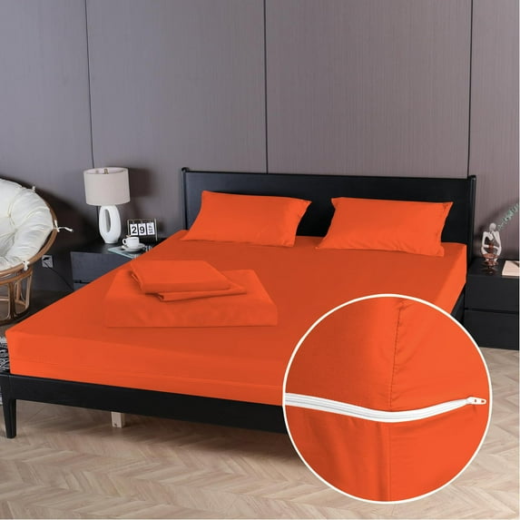 4 Piece Zipper Sheet Set Includes (1 Zipper Fitted Sheet, 1 Flat Sheet And 2 Zipper PillowCase) with 15 Inch Deep Pocket 800 TC 100% Egyptian Cotton Solid Orange Color Full Size