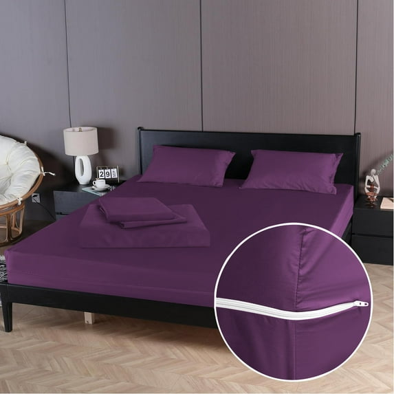 4 Piece Zipper Sheet Set Includes (1 Zipper Fitted Sheet, 1 Flat Sheet And 2 Zipper PillowCase) with 15 Inch Deep Pocket 800 TC 100% Egyptian Cotton-Solid Plum Color, Twin Size