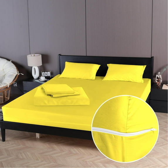 4 Piece Zipper Sheet Set Includes (1 Zipper Fitted Sheet, 1 Flat Sheet And 2 Zipper PillowCase) with 15 Inch Deep Pocket 800 TC 100% Egyptian Cotton-Solid Yellow Color, Full Size