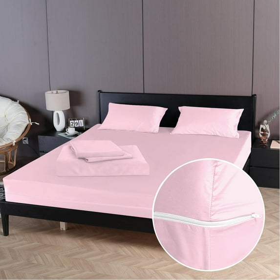 4 Piece Zipper Sheet Set Includes (1 Zipper Fitted Sheet, 1 Flat Sheet And 2 Zipper PillowCase) with 21 Inch Deep Pocket 800 TC 100% Egyptian Cotton Solid Light Pink Color Full Size