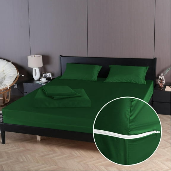 4 Piece Zipper Sheet Set Includes (1 Zipper Fitted Sheet, 1 Flat Sheet And 2 Zipper PillowCase) with 24 Inch Deep Pocket 800 TC 100% Egyptian Cotton Solid Green Color Olympic Queen Size