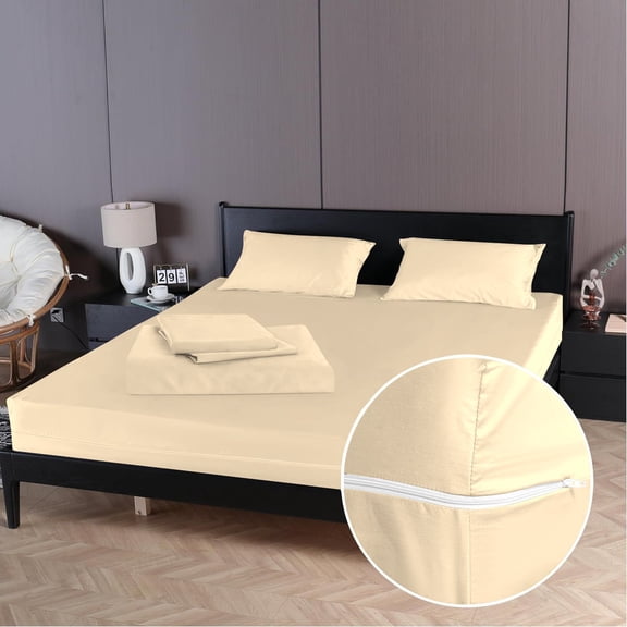 4 Piece Zipper Sheet Set Includes (1 Zipper Fitted Sheet, 1 Flat Sheet And 2 Zipper PillowCase) with 26 Inch Deep Pocket 800 TC 100% Egyptian Cotton Solid Ivory Color Olympic Queen Size