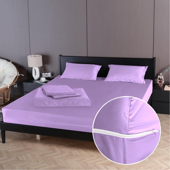 4 Piece Zipper Sheet Set Includes (1 Zipper Fitted Sheet, 1 Flat Sheet And 2 Zipper PillowCase) with 26 Inch Deep Pocket 800 TC 100% Egyptian Cotton Solid Lillac Color Twin Size