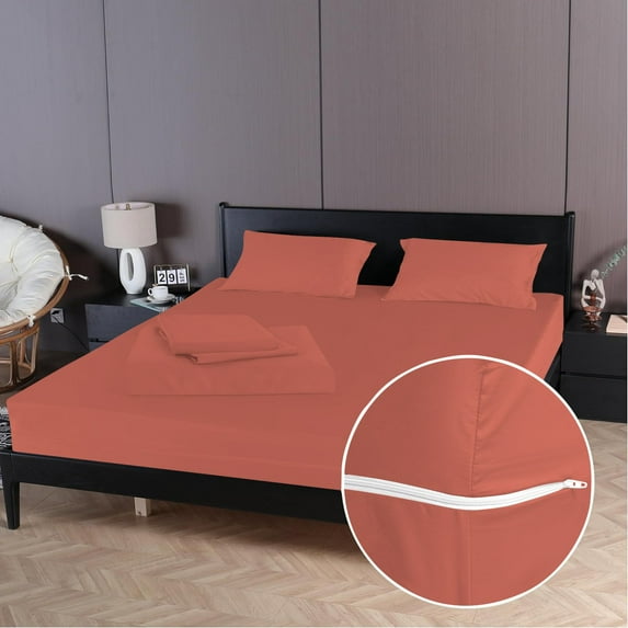 4 Piece Zipper Sheet Set Includes (1 Zipper Fitted Sheet, 1 Flat Sheet And 2 Zipper PillowCase) with 10 Inch Deep Pocket 800 TC 100% Egyptian Cotton Solid Brick Red Color Cal King Size