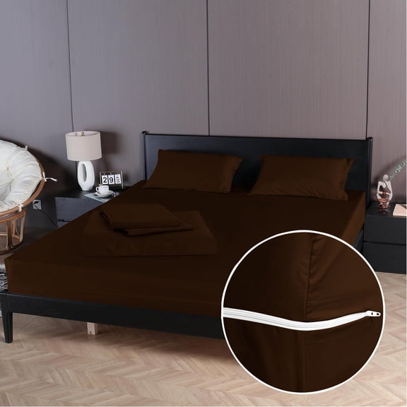 4 Piece Zipper Sheet Set Includes (1 Zipper Fitted Sheet, 1 Flat Sheet And 2 Zipper PillowCase) with 10 Inch Deep Pocket 800 TC 100% Egyptian Cotton Solid Chocolate Color King Size