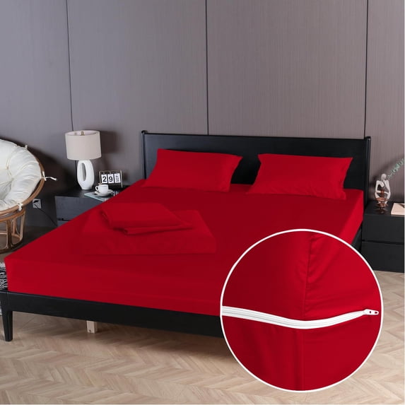 4 Piece Zipper Sheet Set Includes (1 Zipper Fitted Sheet, 1 Flat Sheet And 2 Zipper PillowCase) with 10 Inch Deep Pocket 800 TC 100% Egyptian Cotton Solid Red Color King Size