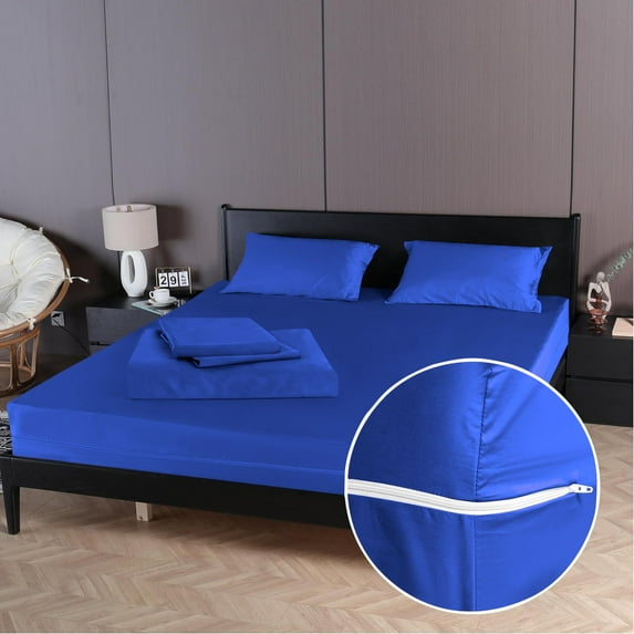 4 Piece Zipper Sheet Set Includes (1 Zipper Fitted Sheet, 1 Flat Sheet And 2 Zipper PillowCase) with 12 Inch Deep Pocket 800 TC 100% Egyptian Cotton Solid Royal Blue Color Twin Size