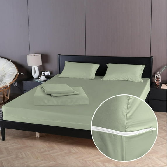4 Piece Zipper Sheet Set Includes (1 Zipper Fitted Sheet, 1 Flat Sheet And 2 Zipper PillowCase) with 15 Inch Deep Pocket 800 TC 100% Egyptian Cotton Solid Light Sage Color King Size