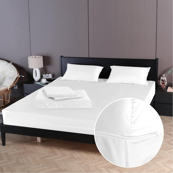 4 Piece Zipper Sheet Set Includes (1 Zipper Fitted Sheet, 1 Flat Sheet And 2 Zipper PillowCase) with 21 Inch Deep Pocket 800 TC 100% Egyptian Cotton Solid White Color Cal King Size