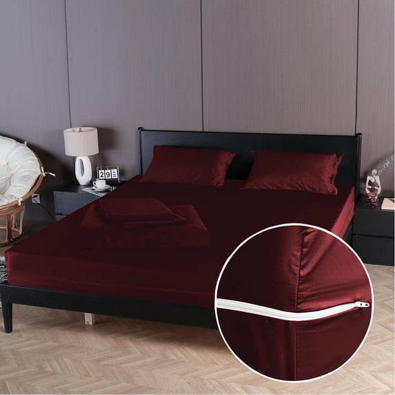 4 Piece Zipper Sheet Set Includes (1 Zipper Fitted Sheet, 1 Flat Sheet And 2 Zipper PillowCase) with 28 Inch Deep Pocket 800 TC 100% Egyptian Cotton-Solid Wine Color, Cal King Size