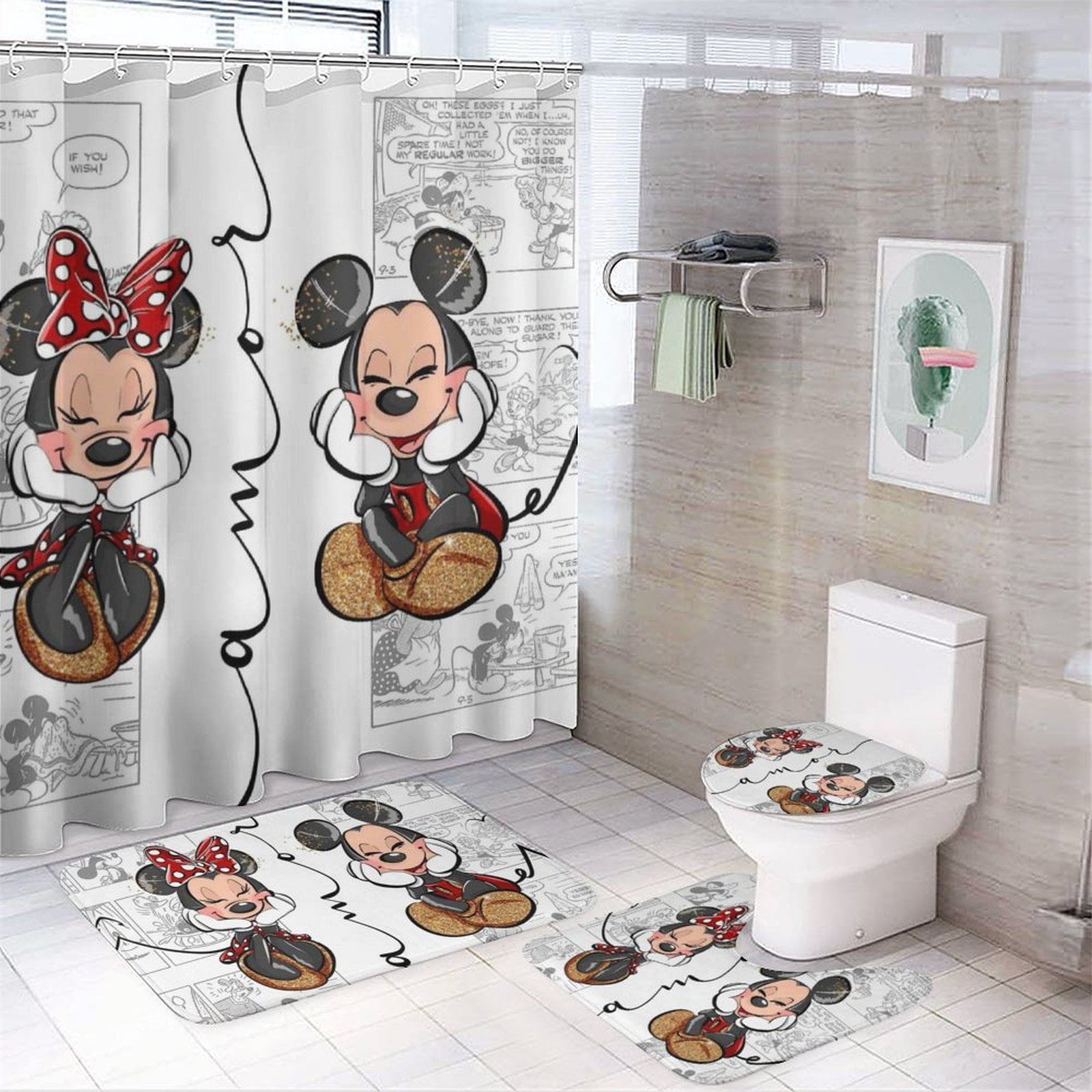 4 Piece mickey mouse Shower Curtain Set with 12 Hooks Minnie mouse