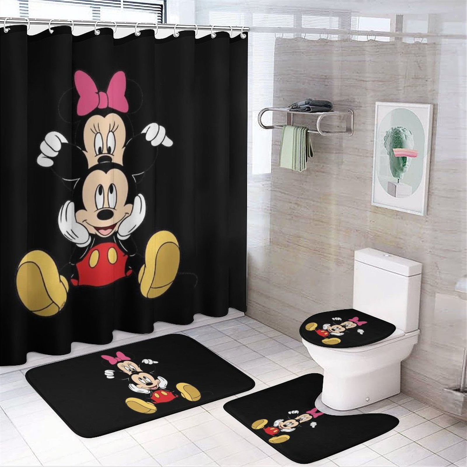 4 Piece mickey mouse Shower Curtain Set with 12 Hooks Minnie mouse