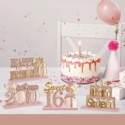 4 Pieces 16th Birthday Wooden Vintage 2009 Table Centerpieces Decoration for Girls, Pink Rose Gold Sweet 16 Birthday Table Sign Party Supplies, Hello 16 Old Bday Table Decor