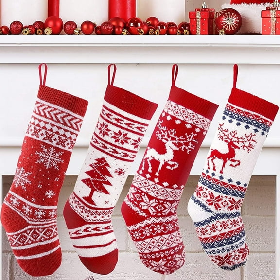 4 Pieces 18" Knit Christmas Stockings Reindeer Christmas Tree Snowflakes Knitted Stocking Christmas Ornaments Hanging Rustic Stocking Decorations Tree