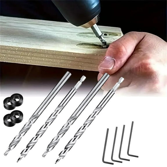 4 Pieces 3/8 Inch Pocket Hole Drill Bit with Depth Stop Collar,1/4 Hex Shank and Round Shank Replacement Twist Step Drills for Manual Pocket Hole Guide Jig Master System
