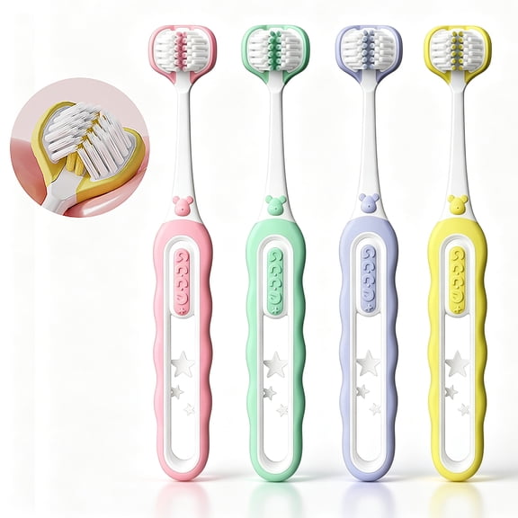 4 Pack 3 Sided Kids Toothbrushes, Soft Bristles for Children with Autism,Suitable for children ages 3 to 12