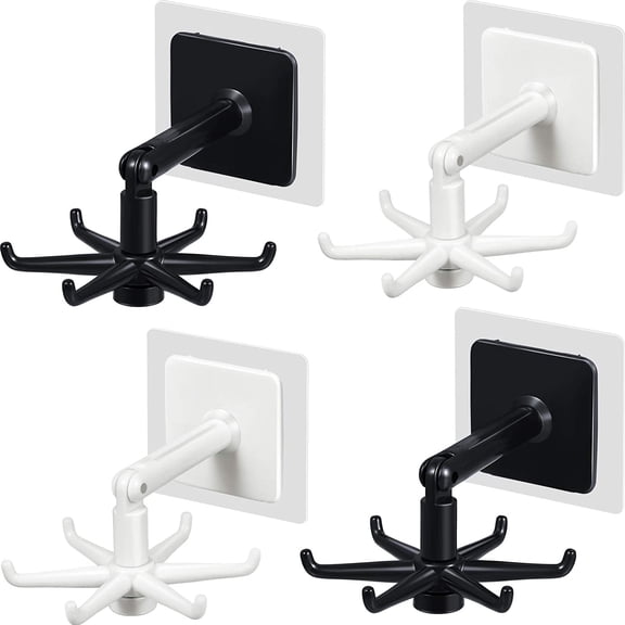 4 Pieces 360 Rotating Folding Hook Multi-purpose Hanging Utensil Holder Hook 180 Degrees Vertical Flip Self-Adhesive Hook Utensil Rack with 6 Hooks for Kitchen Bathroom Cabinet Towel (Black, White)