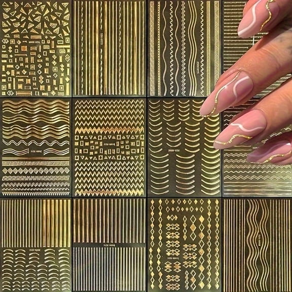 4 Pieces 3D Glitter Gold Thread French Manicure Nail Decals Set - Self-Adhesive Nail Art Stickers Art Decals with Geometric Patterns and Irregular Stripes