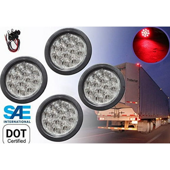4 Pieces 4" Clear Lens Round Red LED Light Brake Stop Turn Tail Signal w Grommet Pigtail Kit for Truck Trailer Tractor Jeep DOT SAE Approved New